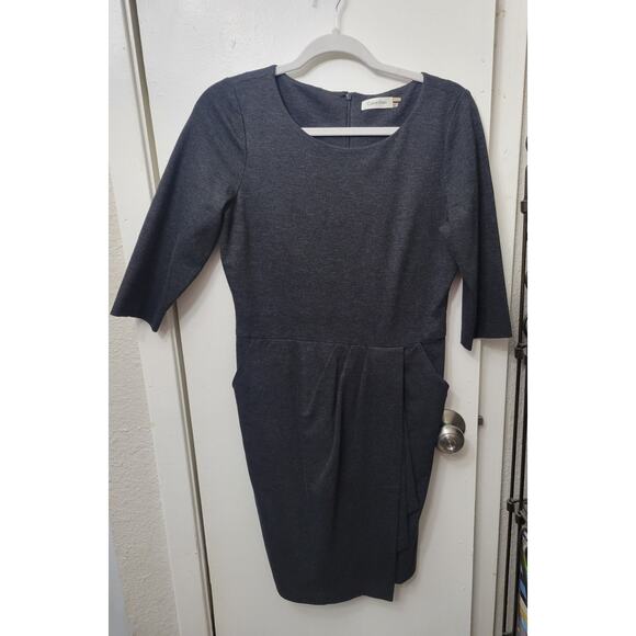 Calvin Klein Gray Knee Length Dress 3/4 Sleeve Round Neck Size 8 Petite Pockets - Picture 1 of 10